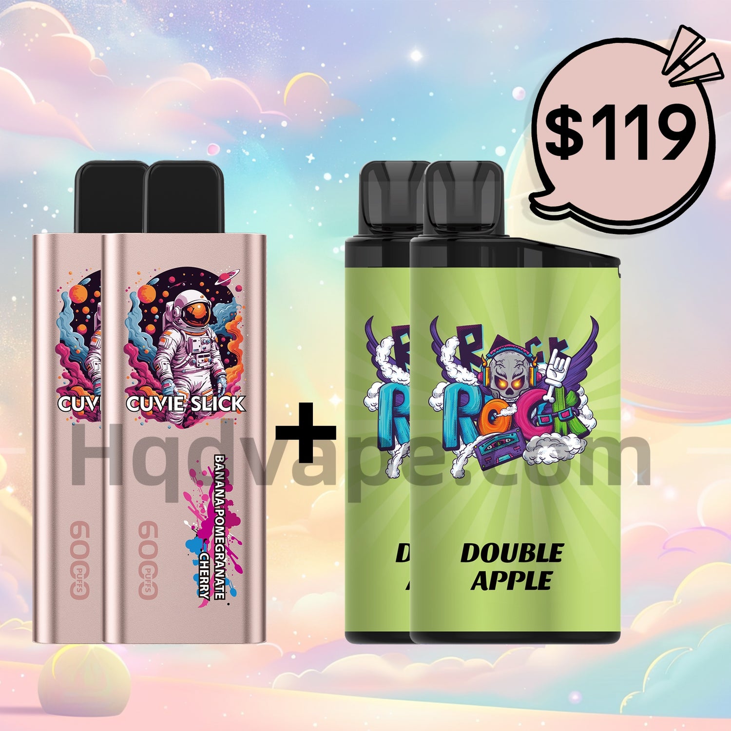 Buy 2 x Iget Bar 3500(Double apple） and 2 x Hqd Slick 6000（Banana pom) Of Bundle